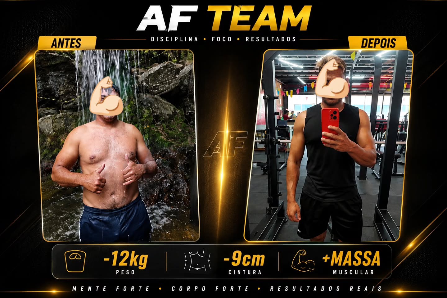 Comparativo antes e depois de aluno da AF TEAM com redução de 12 kg de peso e 9 cm de cintura