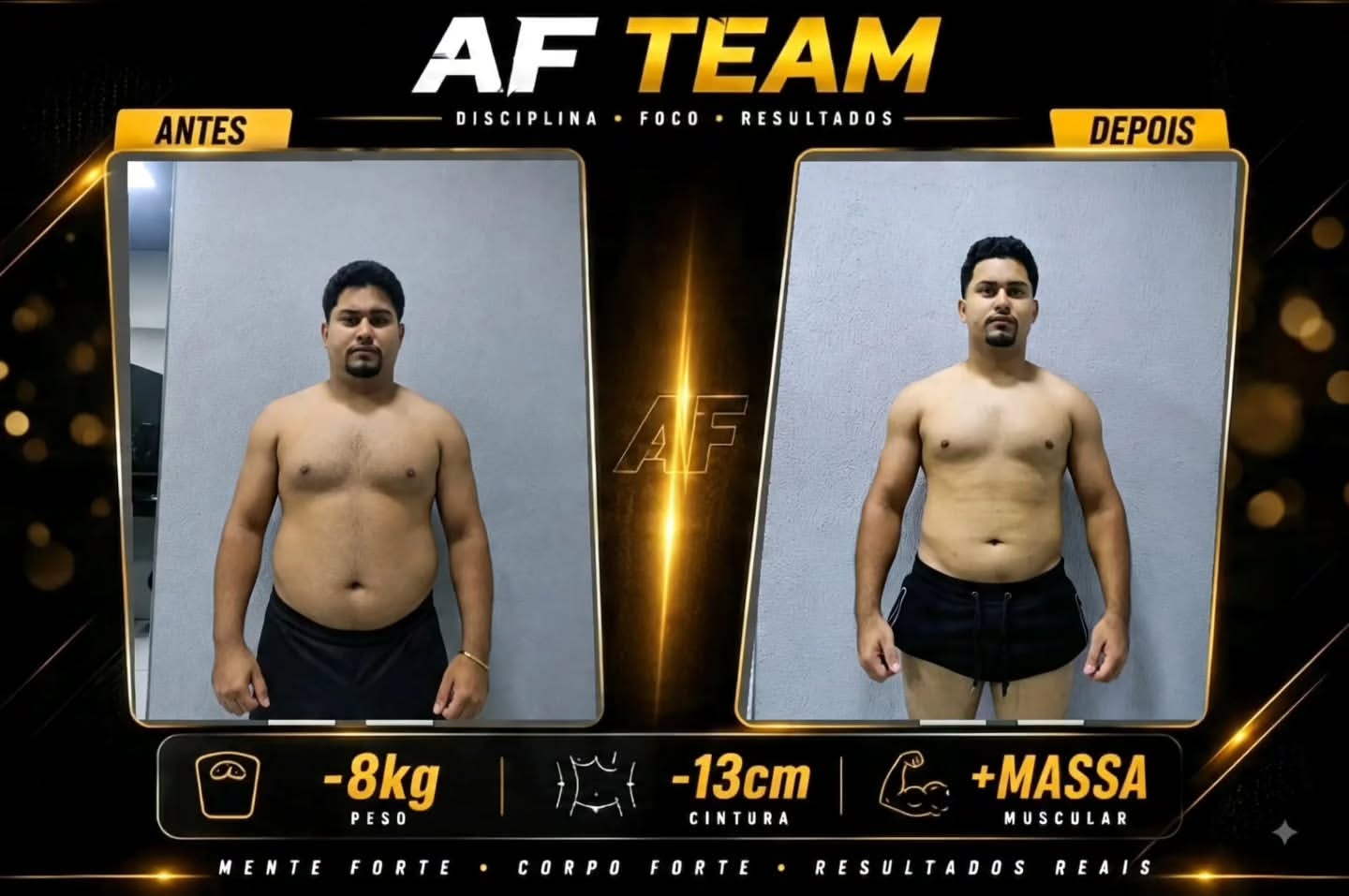 Comparativo antes e depois de aluno da AF TEAM com redução de 8 kg de peso e 13 cm de cintura